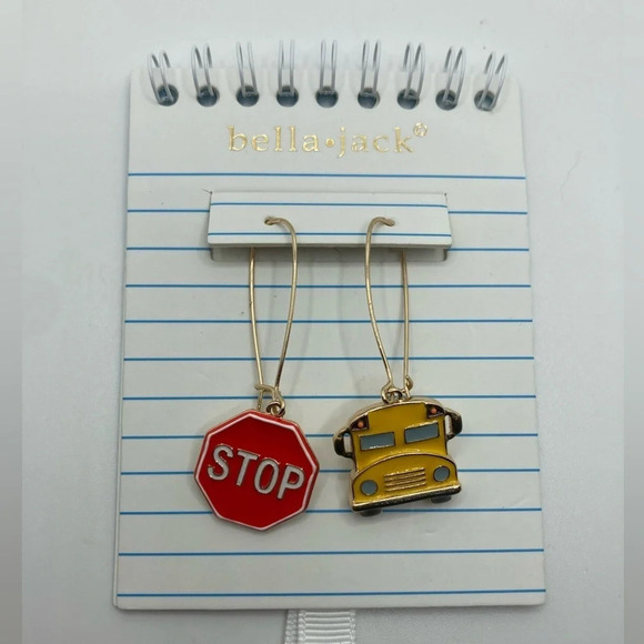 BELLA JACK Mismatched Back to School Bus & Stop Sign Dangle Earrings NEW NWT - Picture 2 of 4